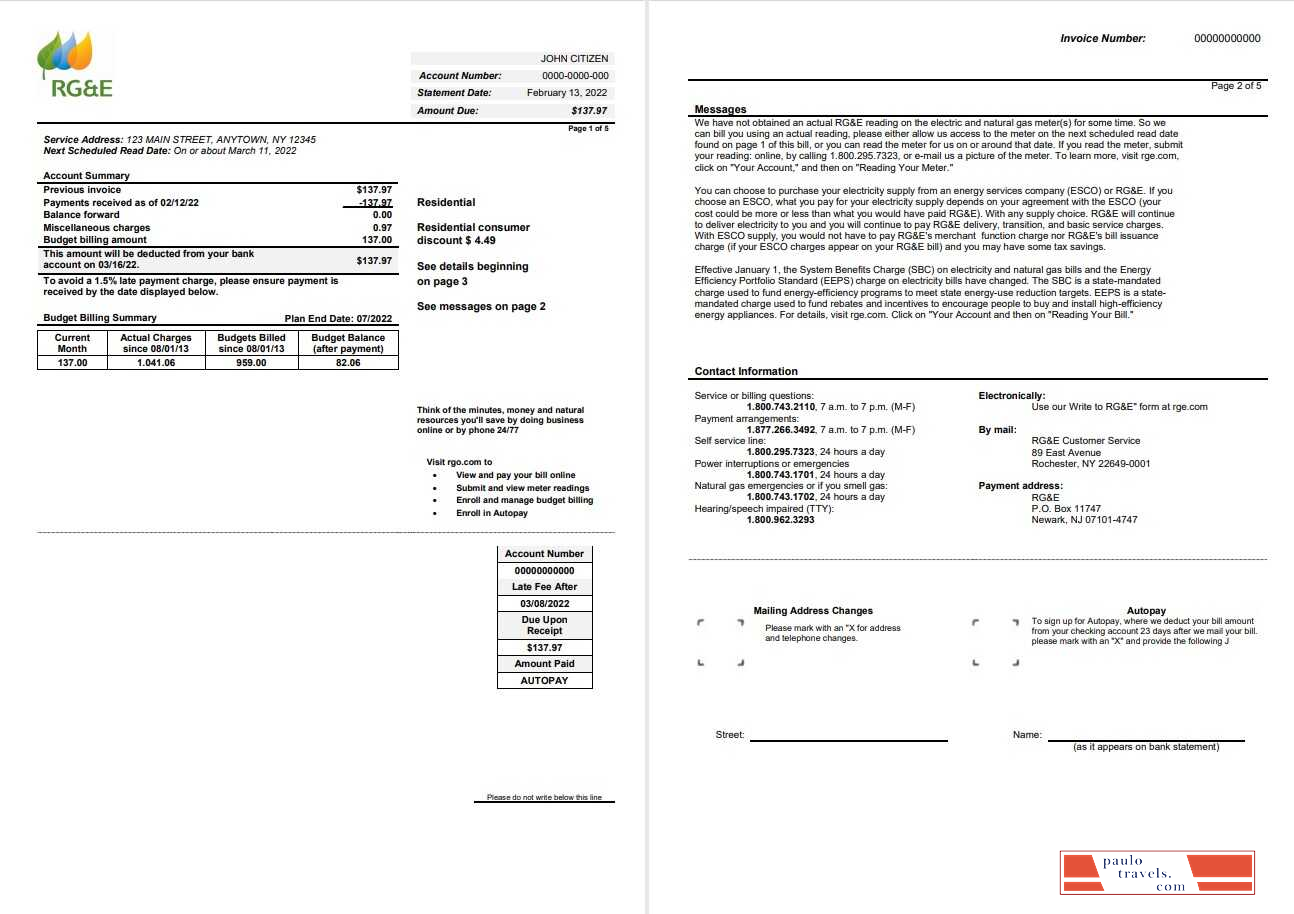 USA RG&E utility bill template in Word and PDF format (2 pages) 1 2